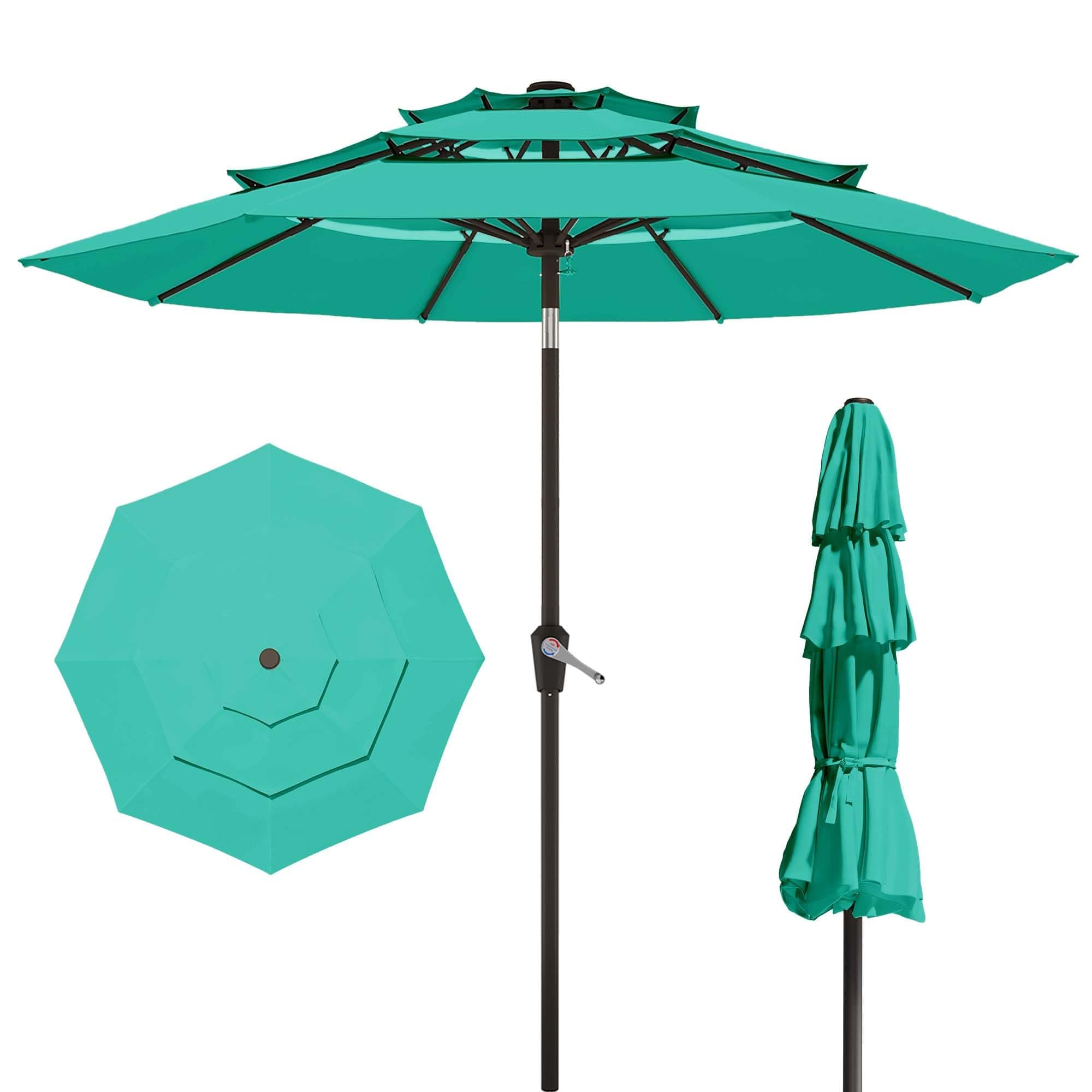 Patio Kingdom 10FT Patio Umbrella 3 Tiers Outdoor Market Umbrella w/Push Button Tilt, Crank, UV and Waterproof Table Umbrella for Garden, Pool, Backyard, Deck, Lawn, Turquoise Blue