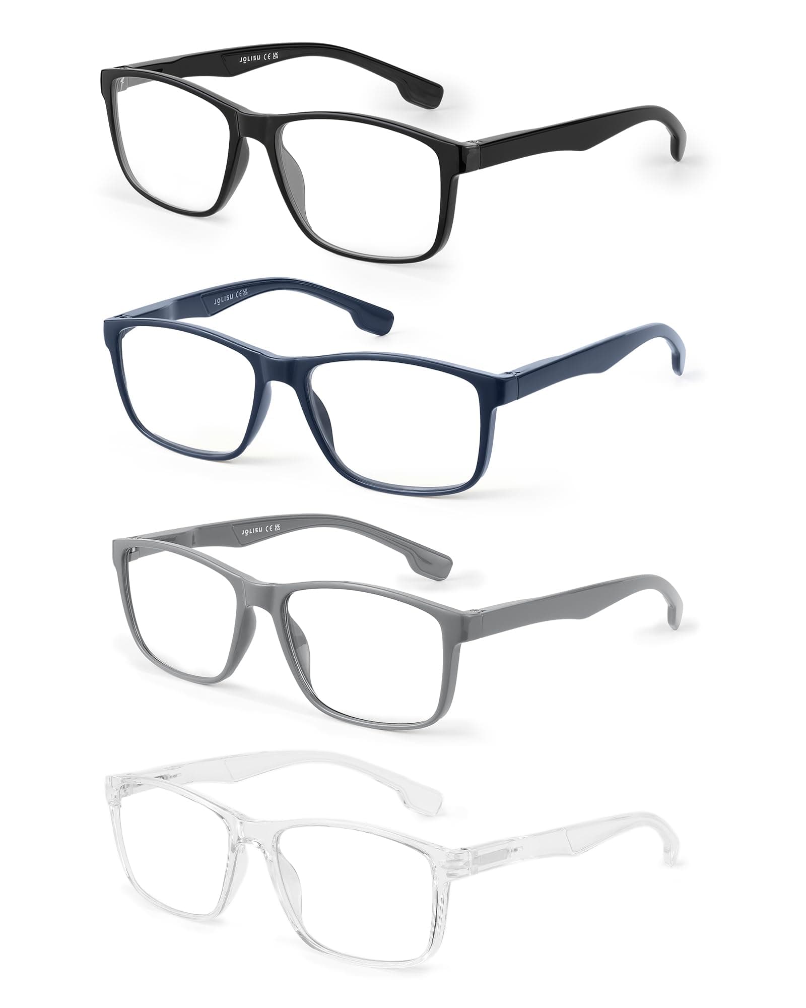 4 Pack Reading Glasses Men Blue Light Blocking with Spring Hinge, Anti Eyestrain/UV Large Wide Square Computer Readers (4.00)