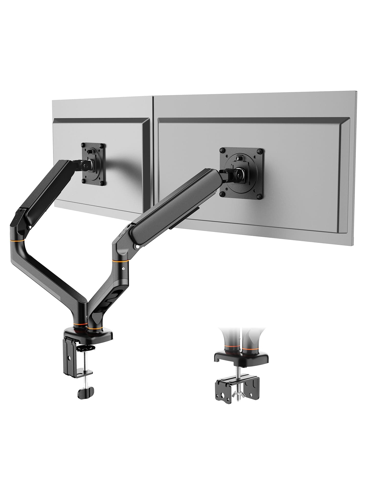 Ibergrif Soporte de Monitor Doble para Pantallas de 13"-27", Brazo de Gas Ajustable, Soporta 2 Monitores, Inclinación, Giro y Rotación con Base de Montaje C-Clamp y Grommet, VESA 75/100mm (MA001-2)