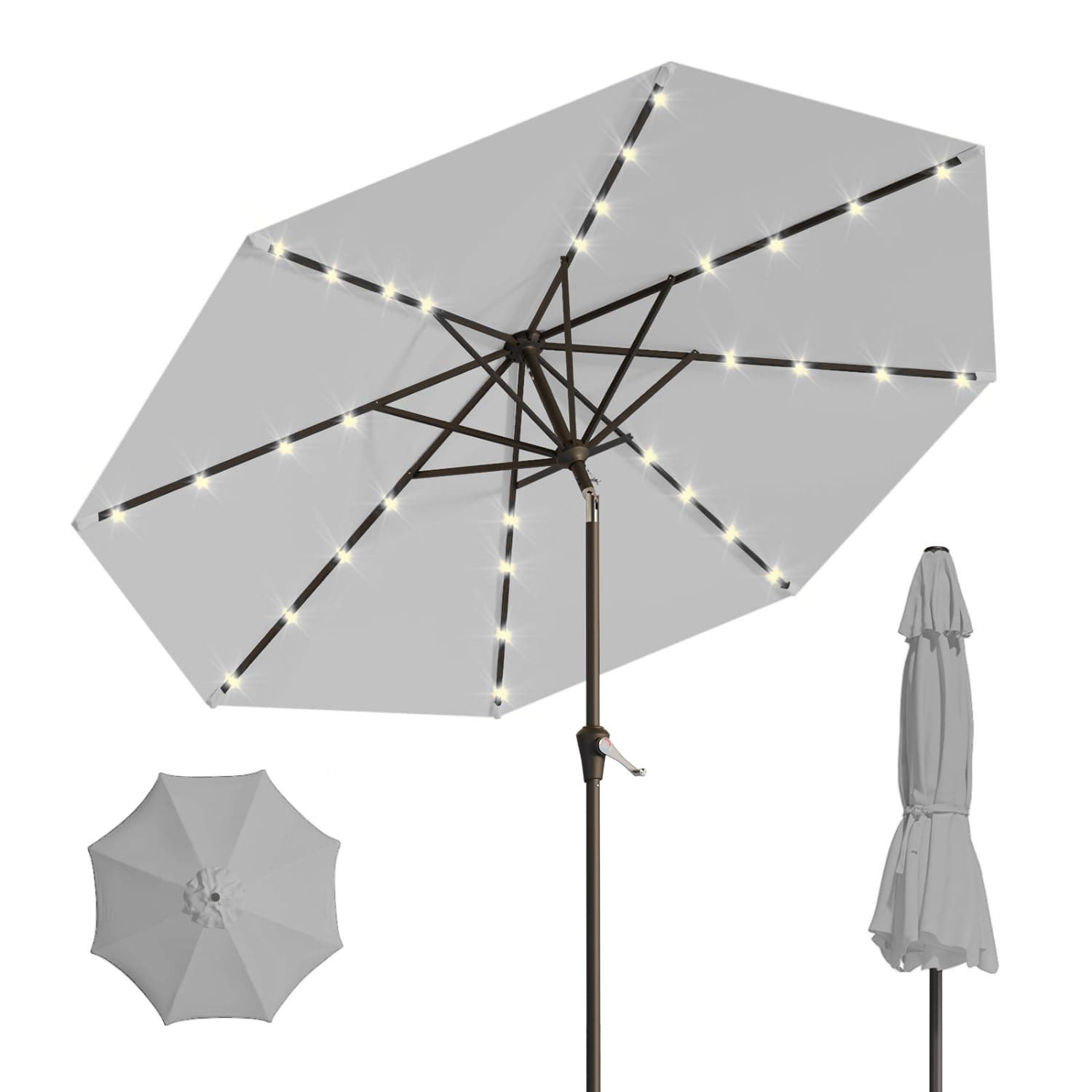 Patio Kingdom 9FT Solar Umbrella 32 LED Lighted Patio Umbrella Table Market Umbrella w/Tilt and Crank, UV-Resistant Outdoor Umbrella for Pool, Garden, Deck, Light Gray