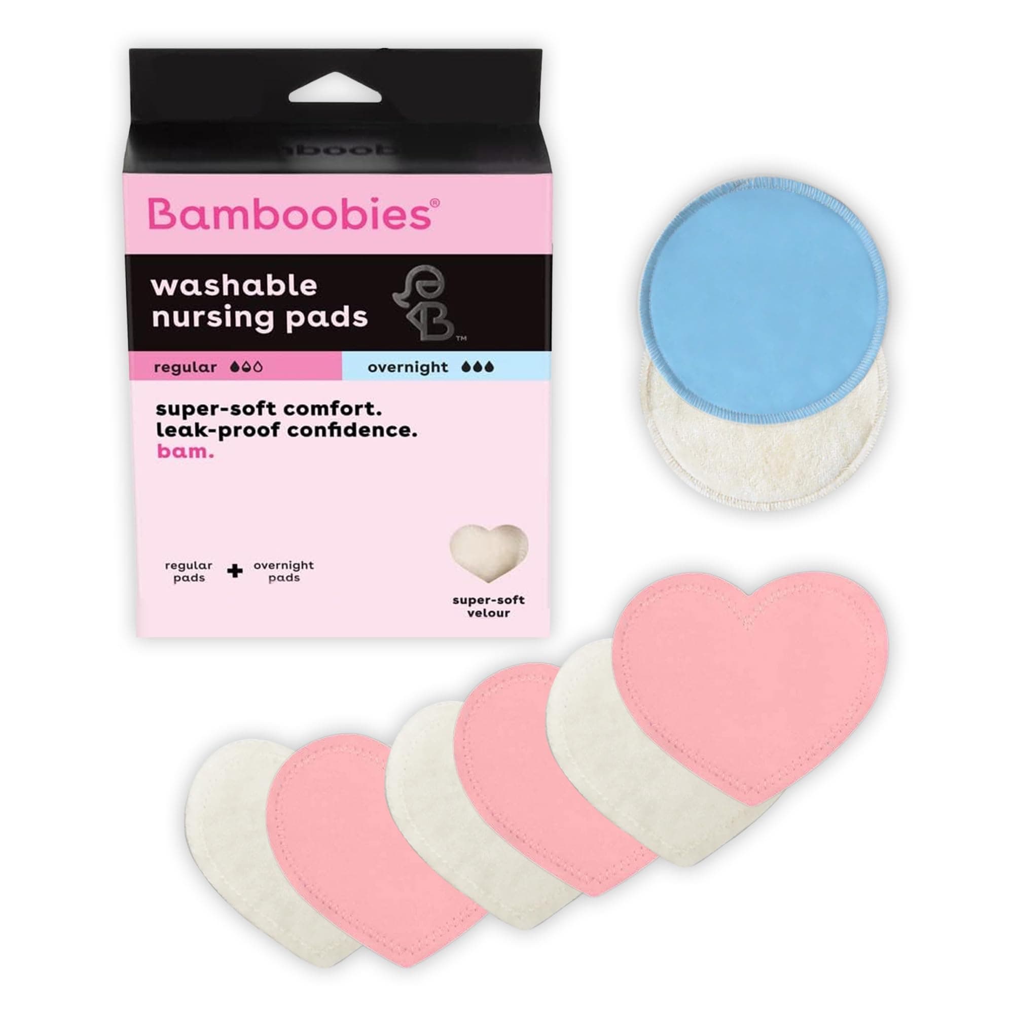 Bamboobies Nursing Pads for Breastfeeding, Reusable Breast Pads, Perfect Baby Shower Gifts, 3 Regular and 1 Overnight Pairs