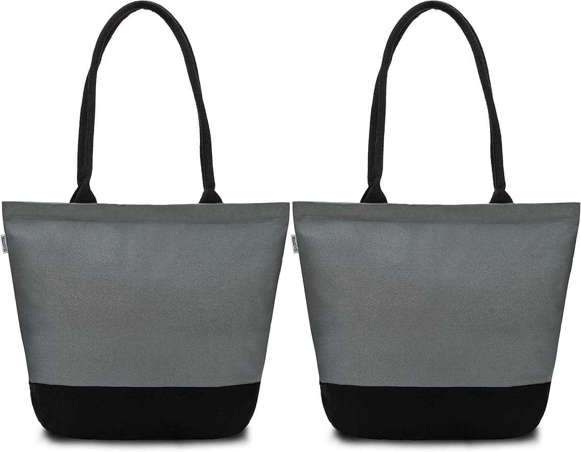 Mamlyn Canvas Tote Bag with Zipper, Pack of 2 – Reusable Canvas Bags with Handles, Heavy-Duty Cotton Tote Bags, Canvas Grocery Bags, Cloth Shopping Bags