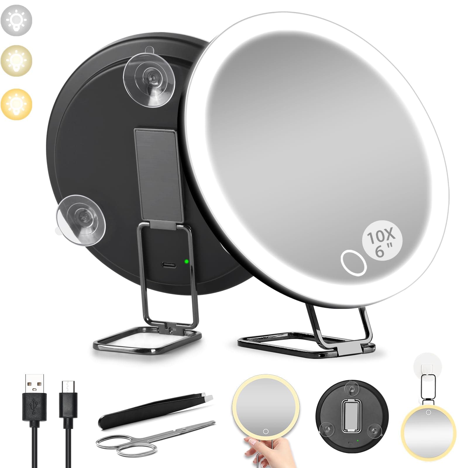 saiggnyy 5X10X20X30X 3-Color Lighted Magnifying Mirror (Black, 10X)