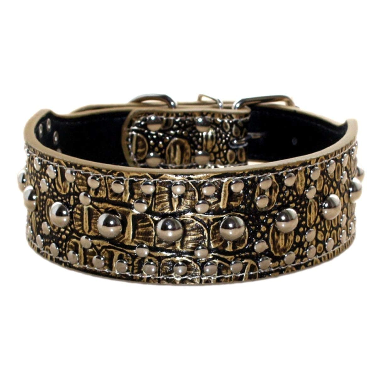 Pimaodog Studded Dog Collar, Leather Dog Collar for Medium Large Dogs Pitbull Doberman (M:17-20 inch, Gold Brown)