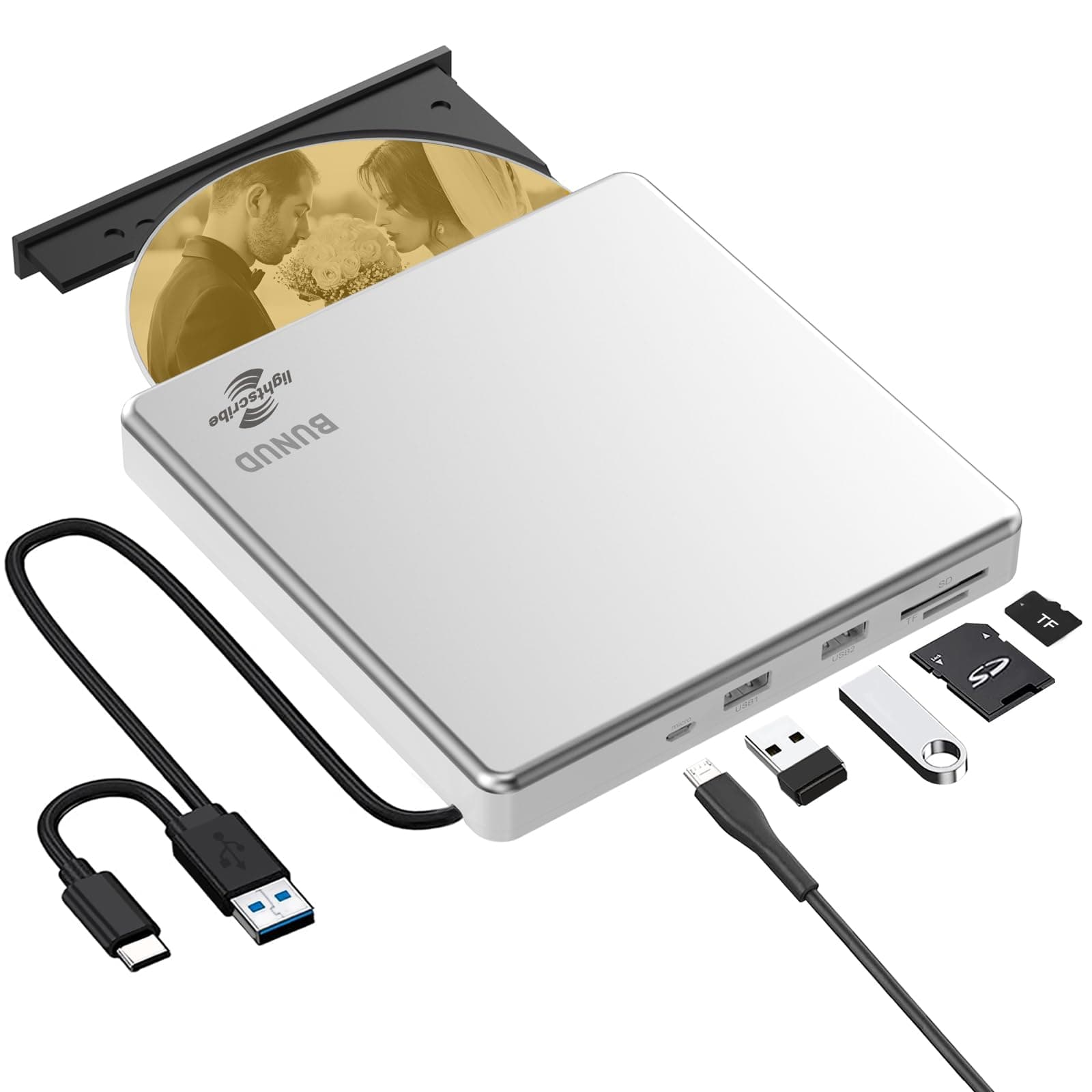 External CD DVD Drive LightScribe USB 3.0 CD DVD +/-RW ROM Burner with SD/TF & 2 USB, Portable Rewriter Writer DVD Player for Laptop Mac Windows 11/10 MacBook Pro Air PC Apple