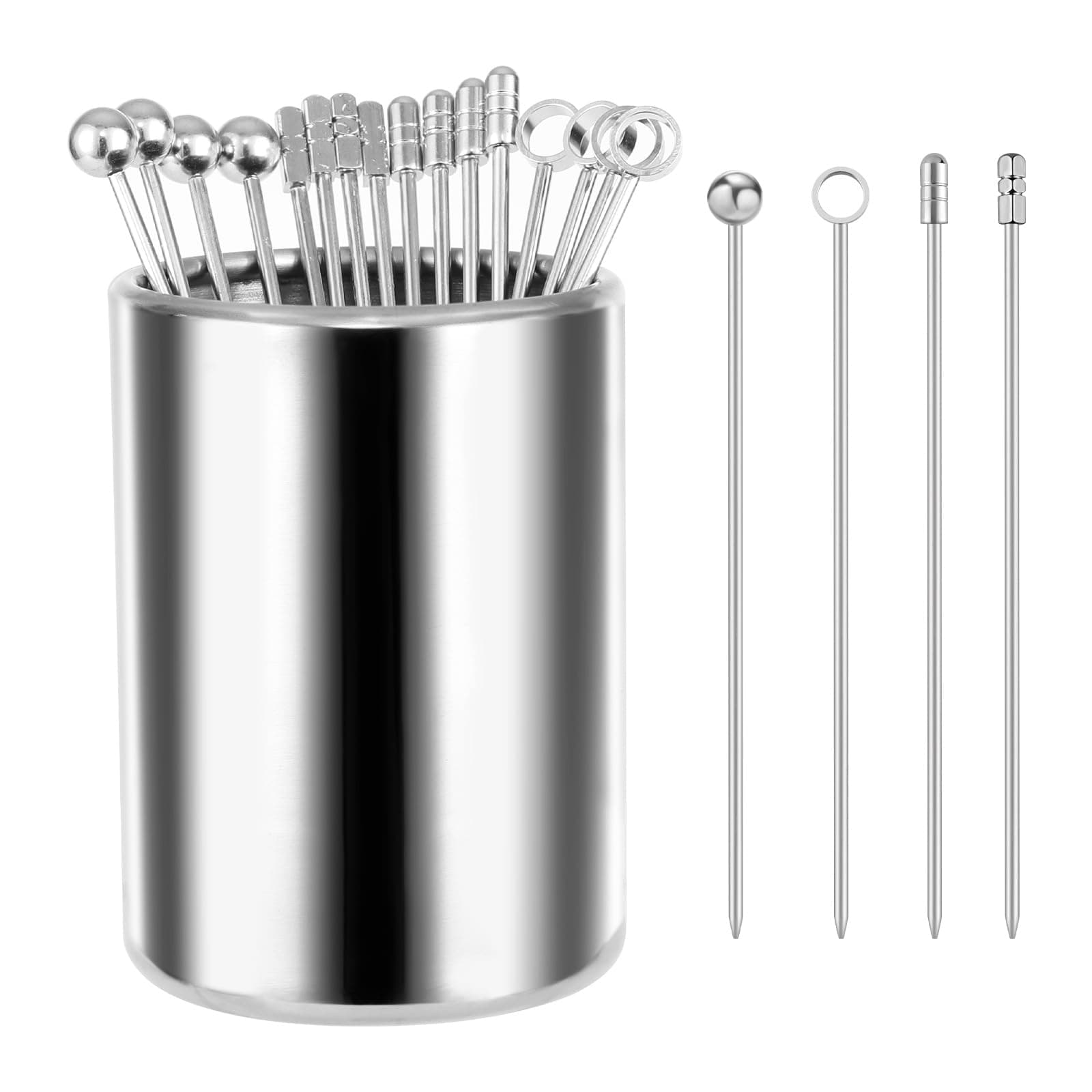 Metal Cocktail Picks, 16Pcs Martini Picks, Reusable Stainless Steel Drink Stick with Storage Cup, Bloody Mary Skewers for Appetizers Sandwiches, BBQ Snacks, Olives Fruits