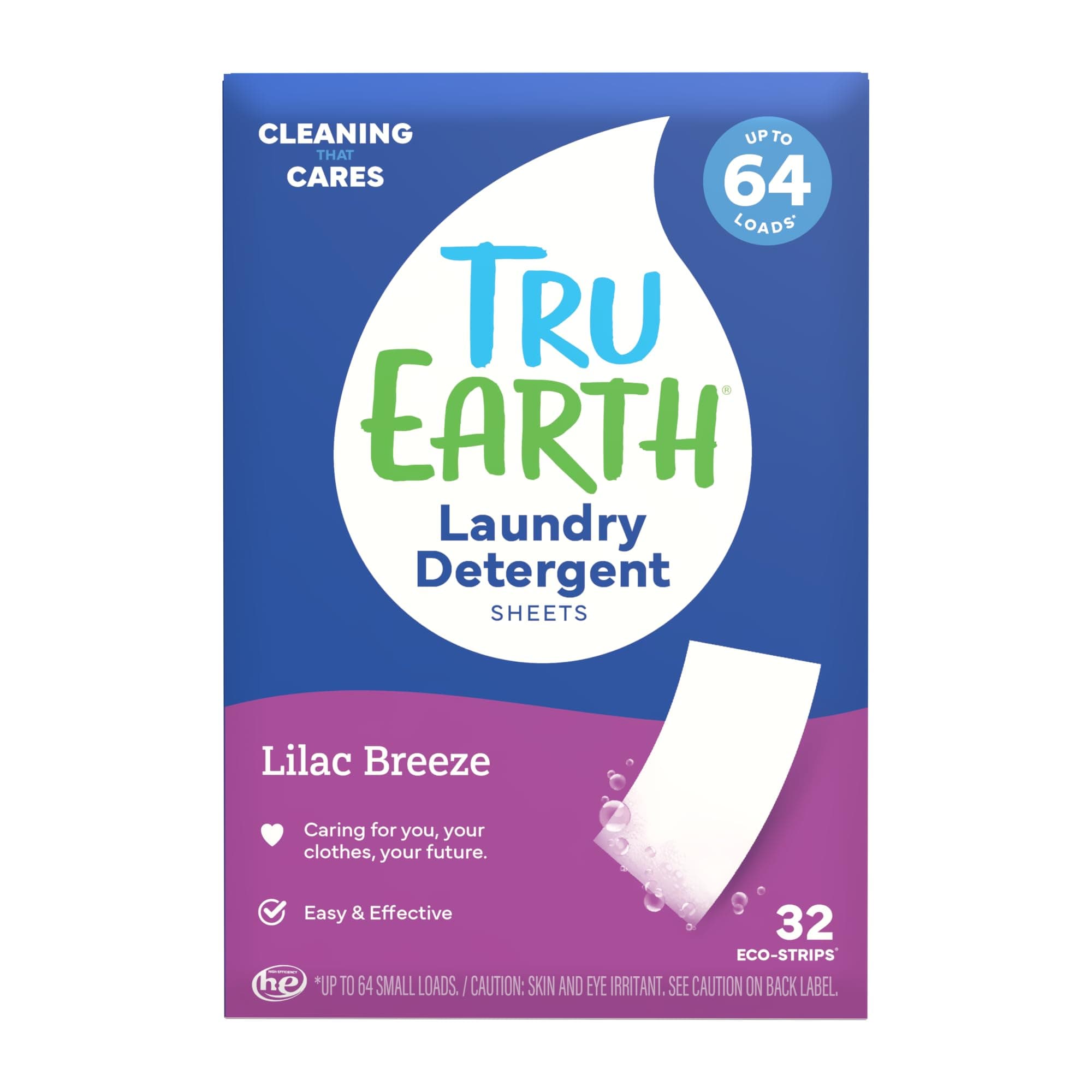 Tru Earth Compact Dry Laundry Detergent - Up to 64 Loads (32 Sheets) - Paraben-Free - Original Eco-Strip Liquidless Detergent, Travel Sheets - Lilac Breeze | Packaging May Vary