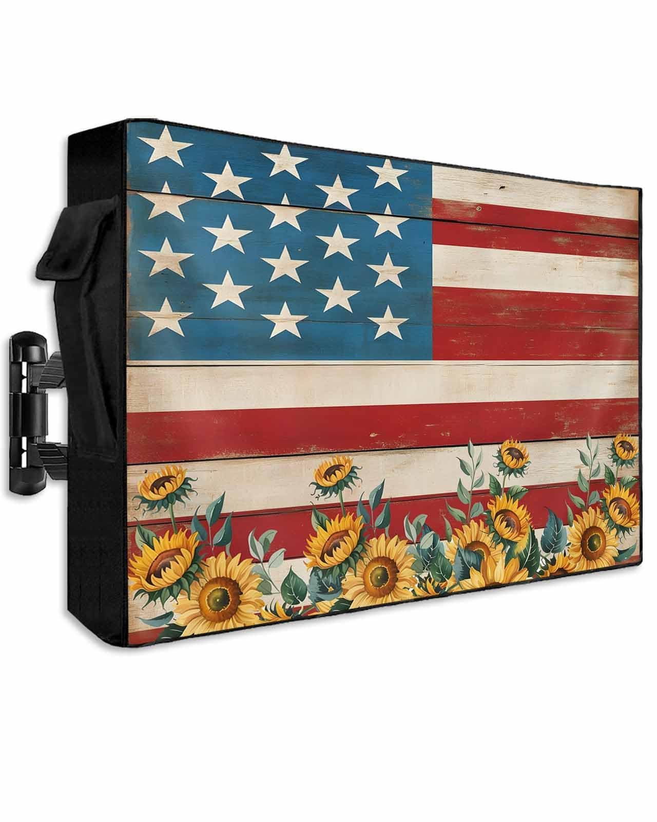 LBCASA American Flag Outdoor TV Cover 52 to 55 Inch Weatherproof, Sunflowers Farmhouse 600D Oxford TV Covers with Waterproof Zipper, USA Flag Outside Flat TV Screen Protector Size 52"W x 19"H x 4.5"D