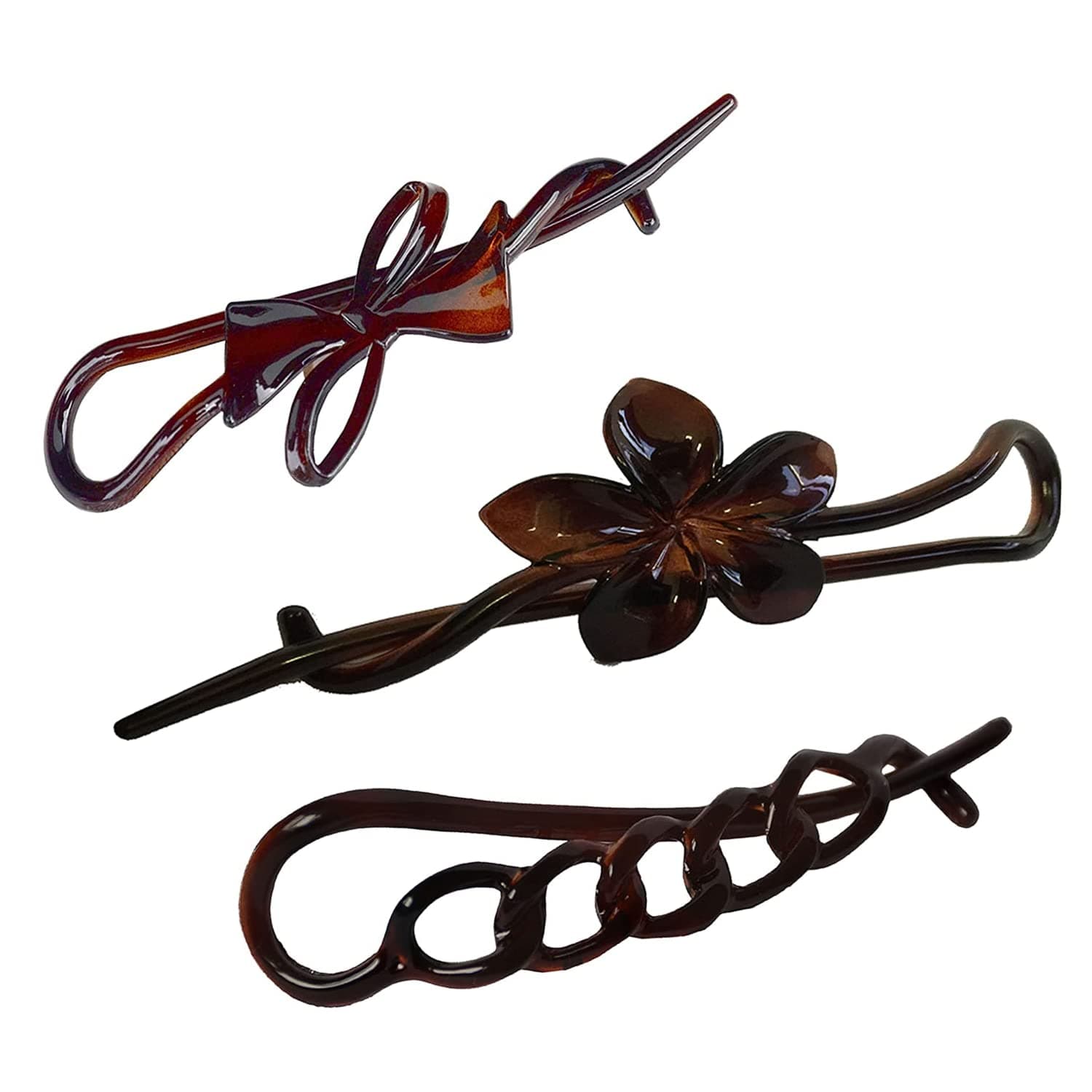 Parcelona French Twist N Clip (Set of 3) Flower Bow and Chain Celluloid Hair Clip Barrette