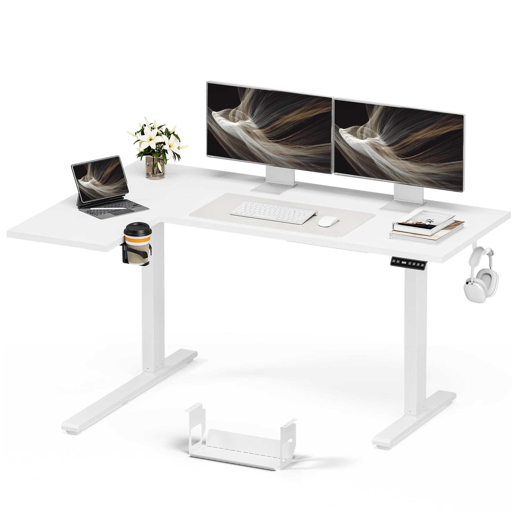 Muvai 71 Inch L Shaped Standing Desk Adjustable Height with Cable Management Tray,Gaming Electric Corner Standing Desk, Sit Stand Computer Table with Reversiable Splice Board,White Top