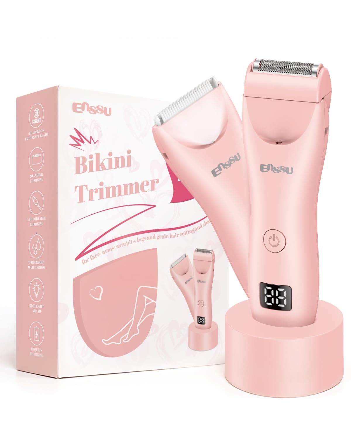 ENSSU Bikini Trimmwer Electric Shaver Women with LED Display,Rechargeable Pubic Body Hair Trimmer for Lady with LED Light, Body Razor for Leg/Arms/Bikini,Waterprof, Gift for Women