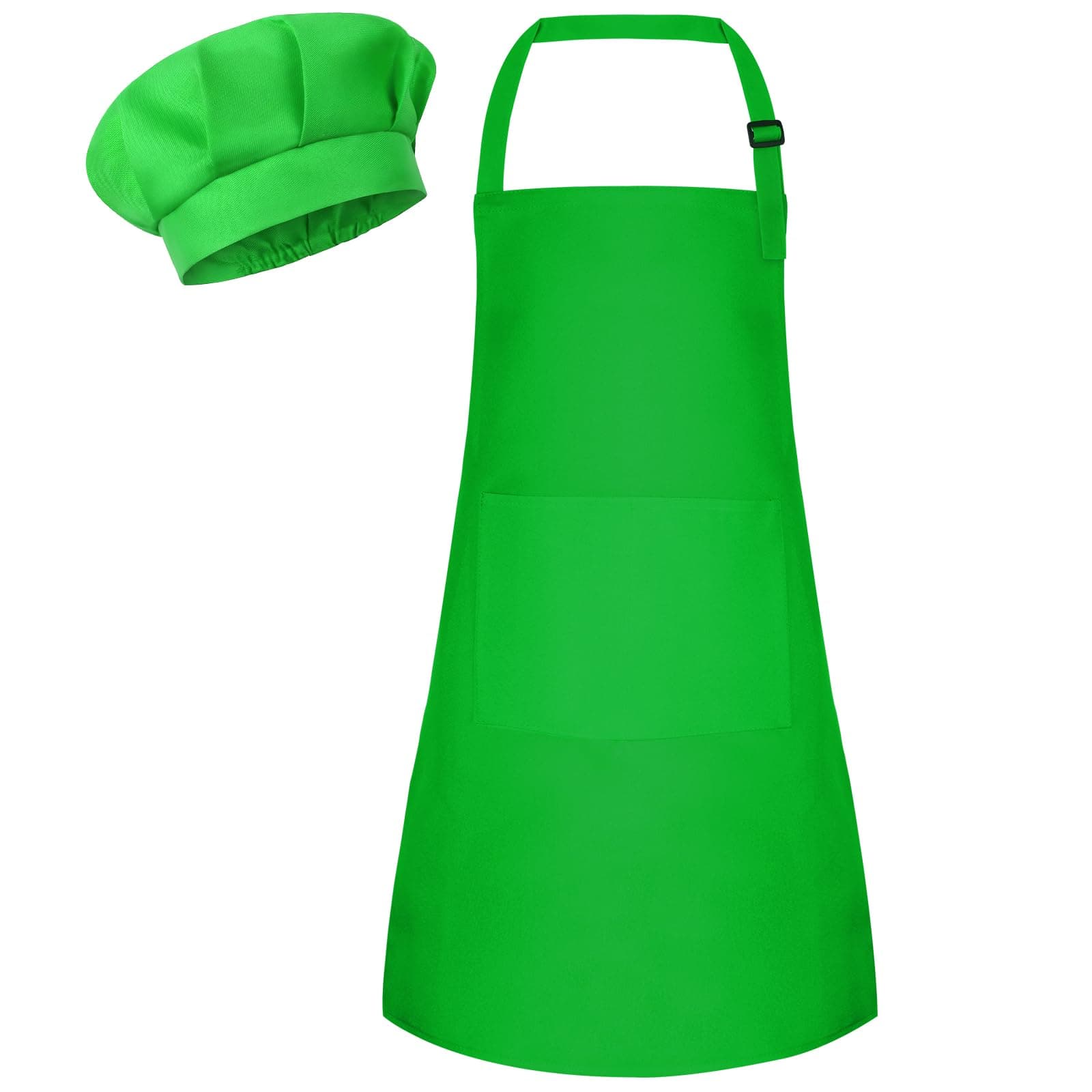 Bouiexye 1 Set Kids Apron and Chef Hat Set Children Apron Adjustable with 2 Pockets Children Chef Painting for Cooking Baking Painting Crafts Making (Green)