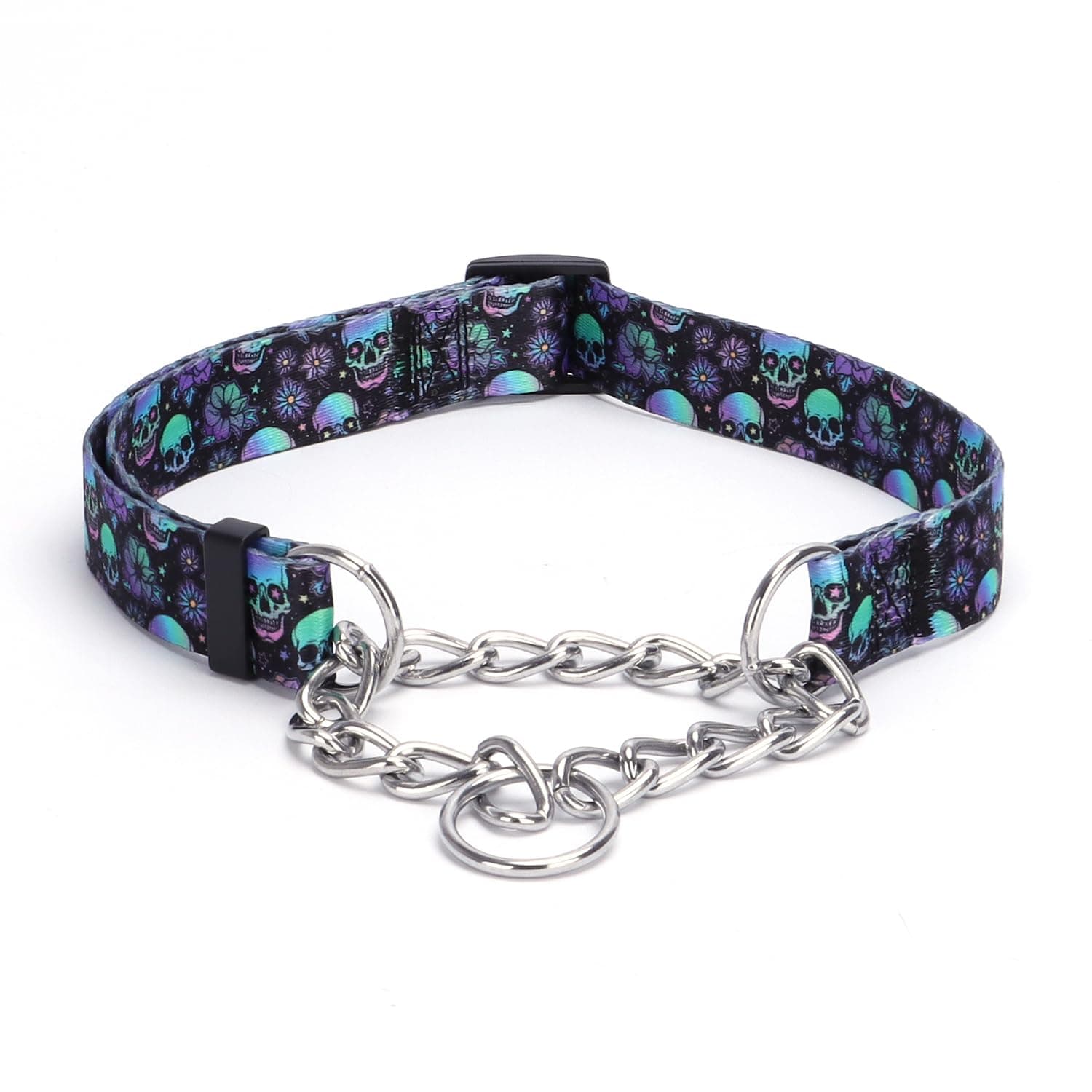 Pimaodog Martingale Dog Collar with Stainless Steel Chain - Limited Chain Cinch Training Collar for No Pull Training Dog - Flower Multicolor Cute Patterns - Premium No Slip Collar (M, Skull)