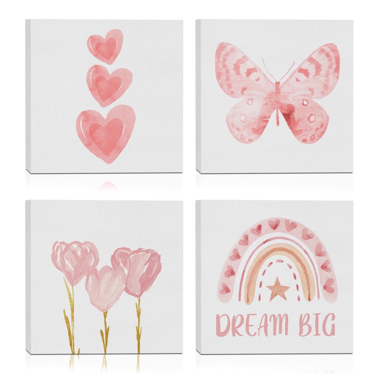 Toddler Nursery Girl Room Decor,Pink little Girls Room Nursery Dream Big Canvas Wall Art Prints Set of 4,Watercolor Pink Butterfly Rainbow Floral Posters Decor for Toddler Baby Room Girls Bedroom