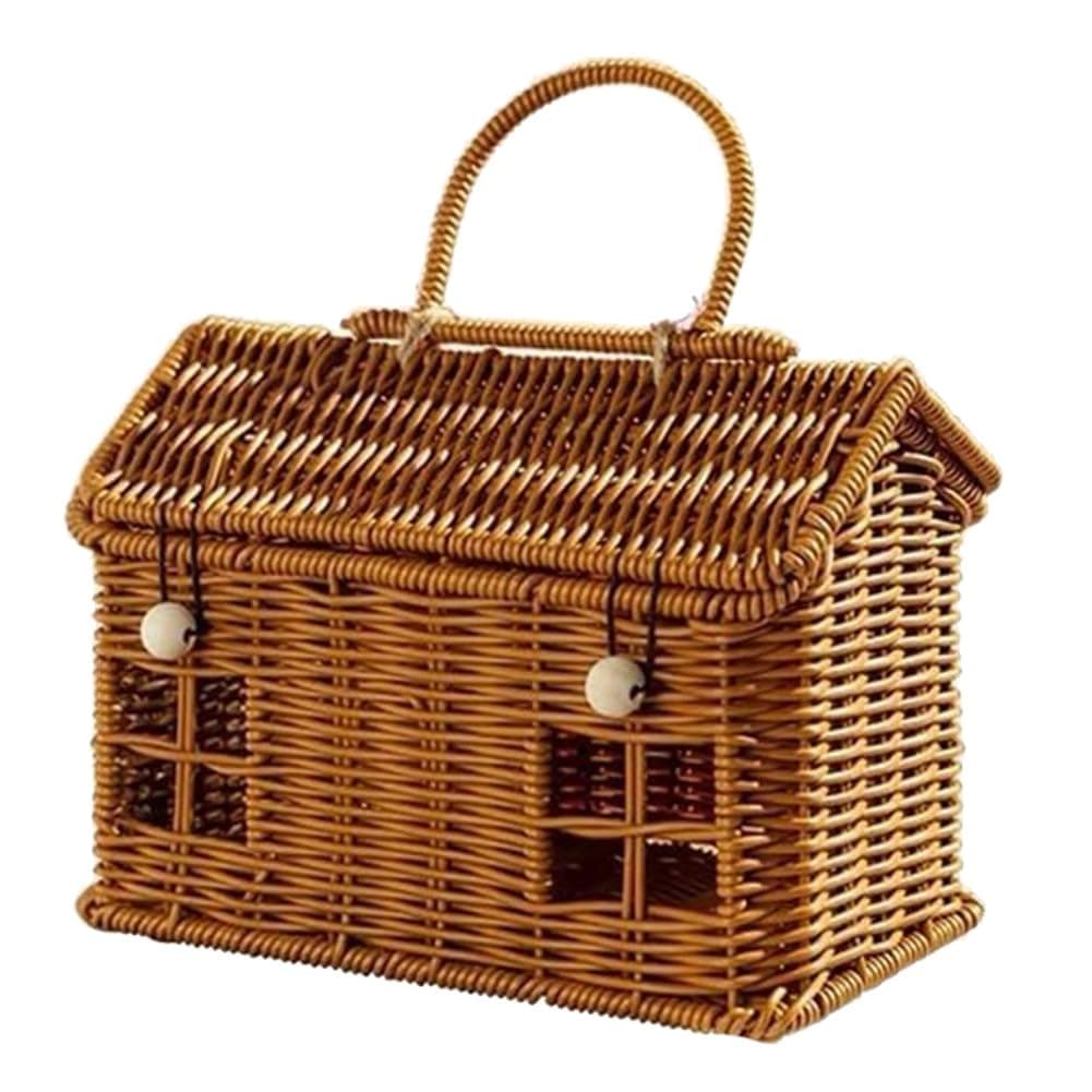 Geetoonly Imitation Rattan House Shaped Basket with Lid Natural Harvest Wicker Basket for Picnics, Easter, Organizing, Storage