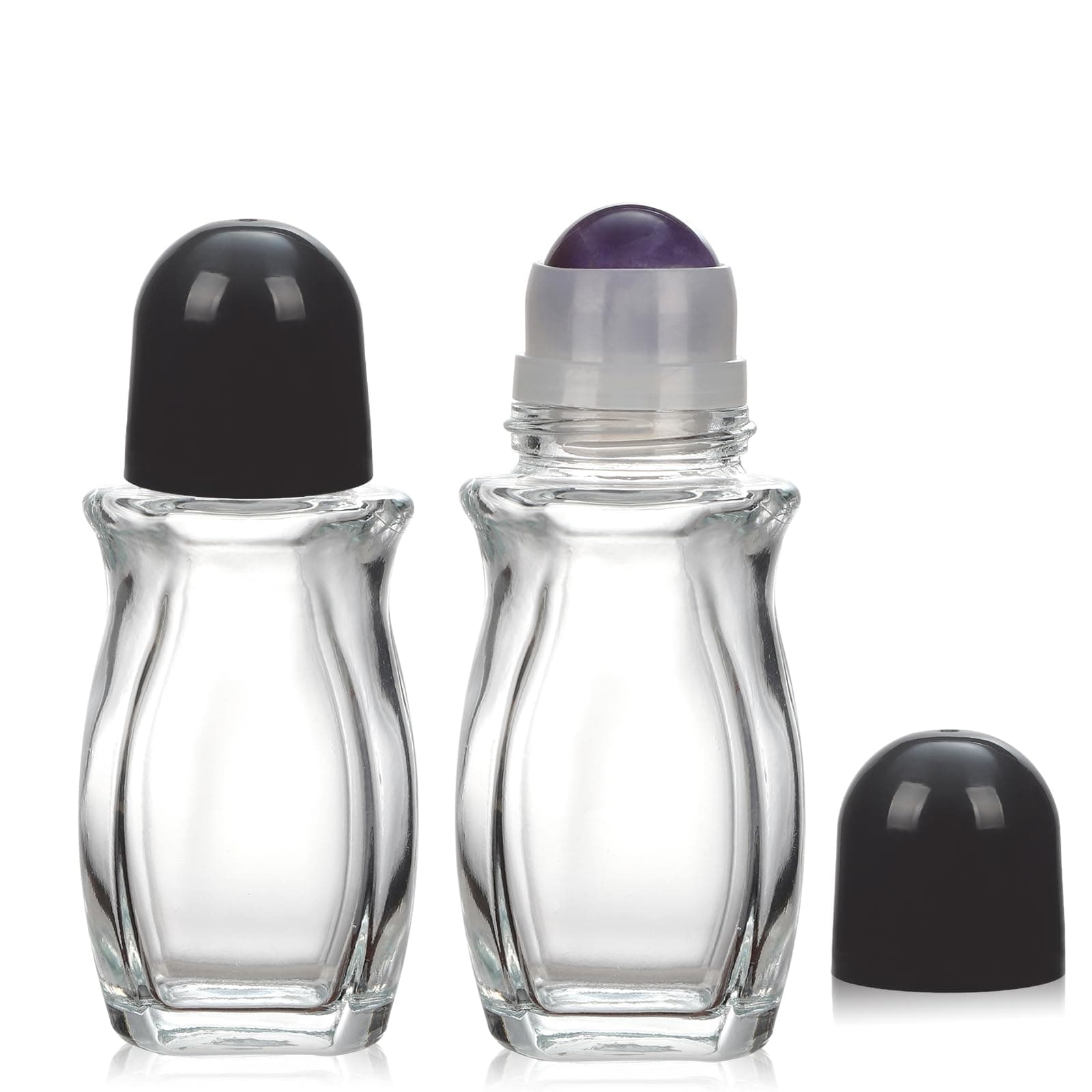 RAMFIYN 2 pack 50ml Large Amber Glass Roll on Bottles for Essential Oils Perfume Refillable Quartz Roller Ball Applicator Empty Deodorant Containers with Crystal Rollerball, Purple Roller Clear Bottle