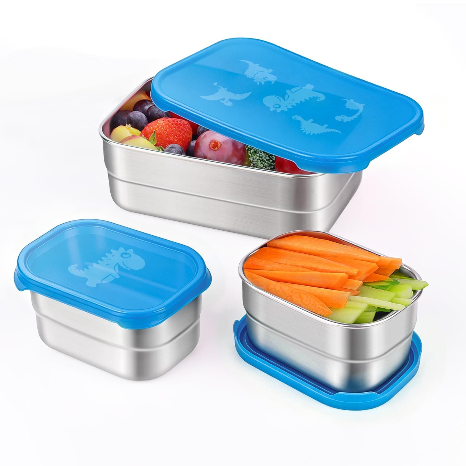 Tanjiae 3 CUP+1 CUP Stainless Steel Lunch Snack Containers Set | Leak Proof 304 Stainless Steel Food Containers with Silicone Lids - Perfect Metal Lunch Box for Home and Travel (25oz+8oz*2) (Sky blue)