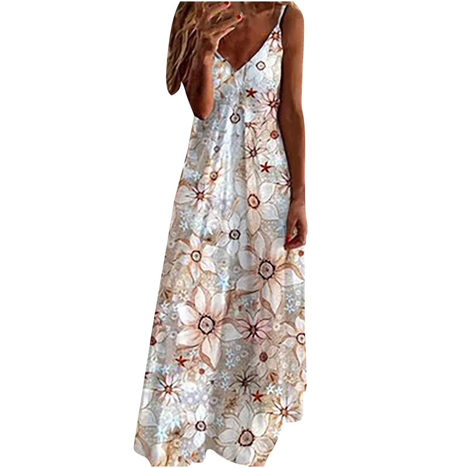 Ceboyel Women Floral Spaghetti Strap Sundress Casual Summer Long Maxi Dress Vneck Sexy Boho Dresses Trendy Beach Clothes 2024, White #14, L