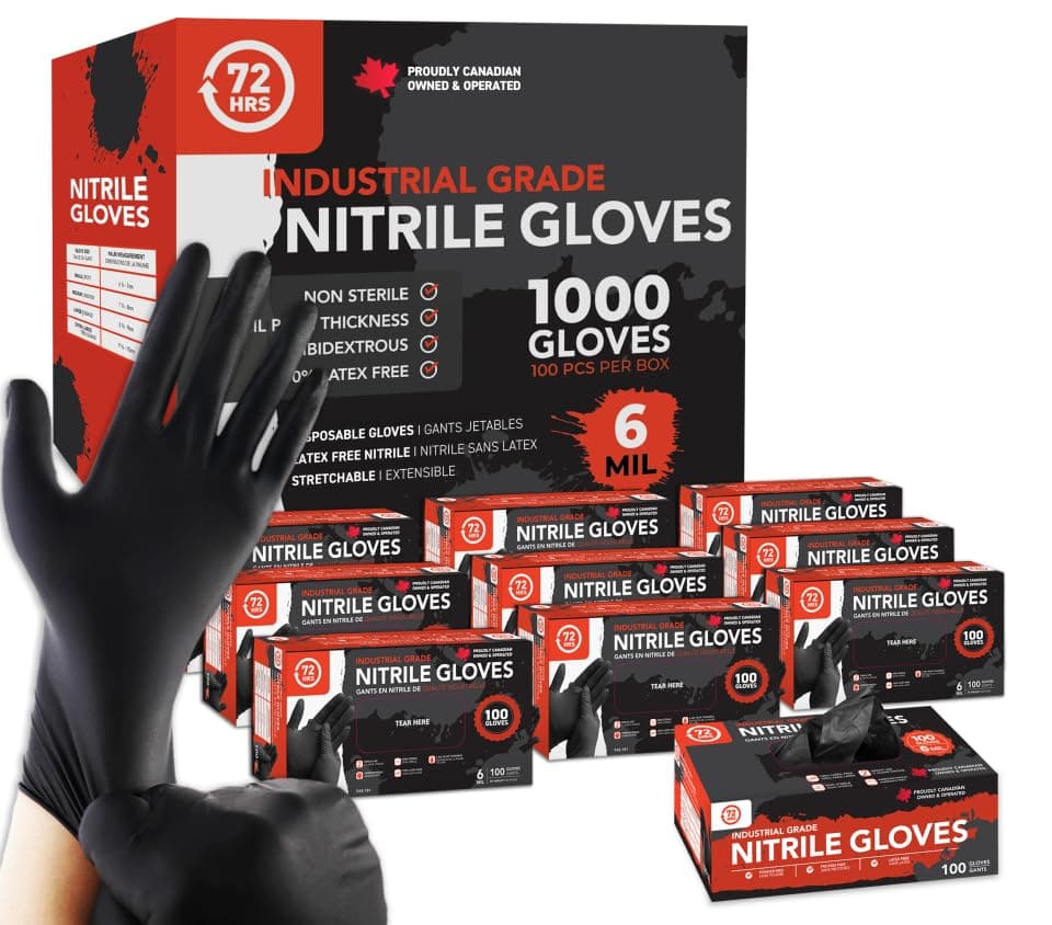 72HRS Black Nitrile Gloves - 6 Mil Disposable Gloves (1000 Pieces, XL)