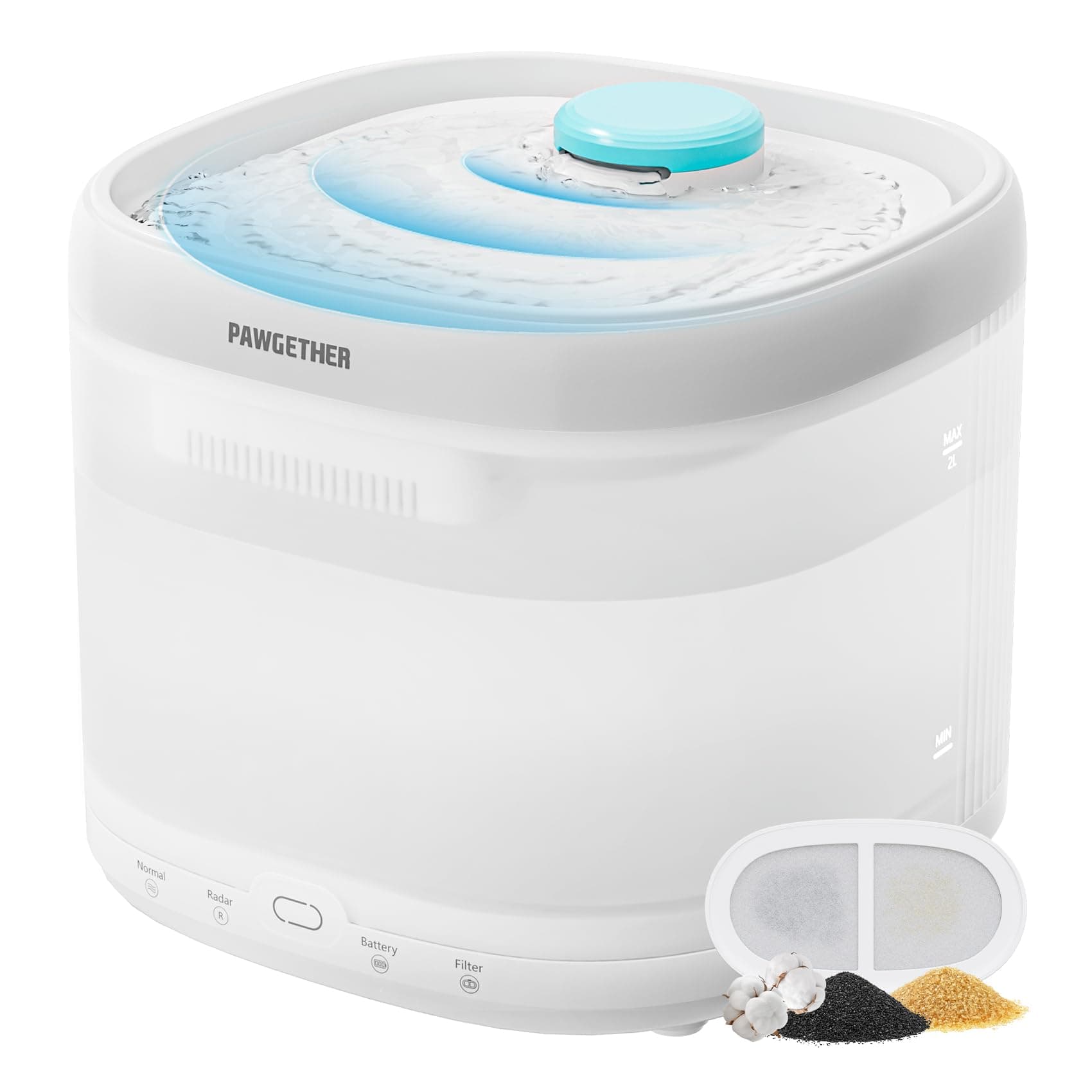 PAWGETHER® Cat Water Fountain with Radar Sensor and Wireless Pump, Ultra Quiet 67oz/2L Automatic Pet Water Fountain for Dogs and Cats with Replacement Filter Dog Water Dispenser