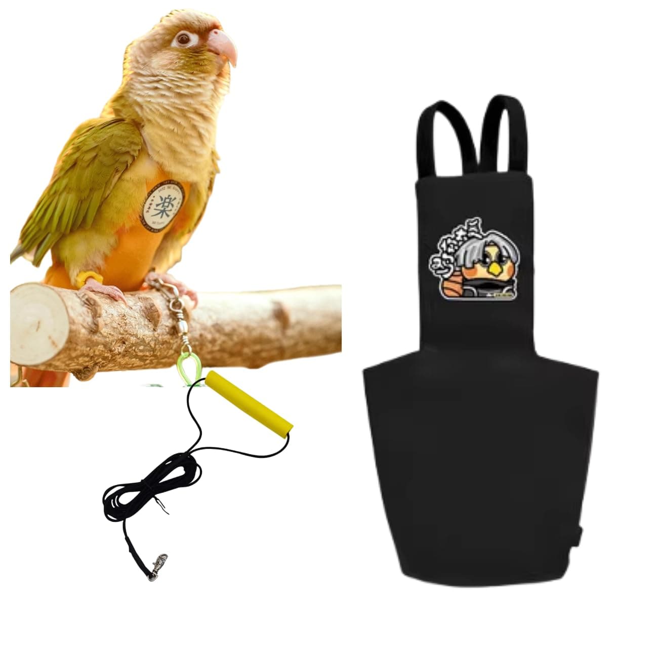 MANON ROSA Bird Diapers Leash Set Washable Reusable Handmade Flight Suit Waterproof Inner Layer - Protective Parrot Nappy Clothes Parakeets Macaws Budgies Canaries (Black3,Green-cheeked Conures)