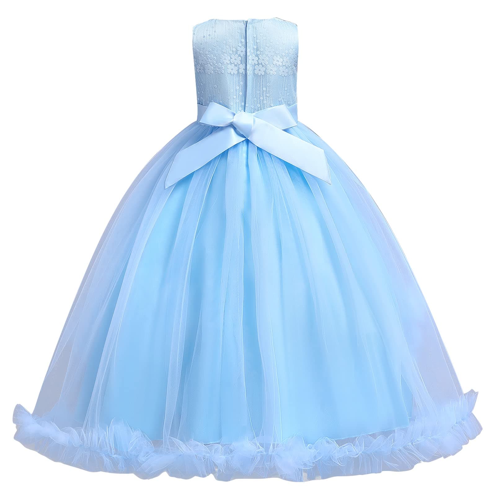 IWEMEK Flower Girls Applique Sleeveless Beaded Long Maxi Tulle Dress Wedding Party Bridesmaid Formal Kids Prom Evening Dance Princess Pageant Birthday Communion Ball Gown C# Light Blue 13-14 Years