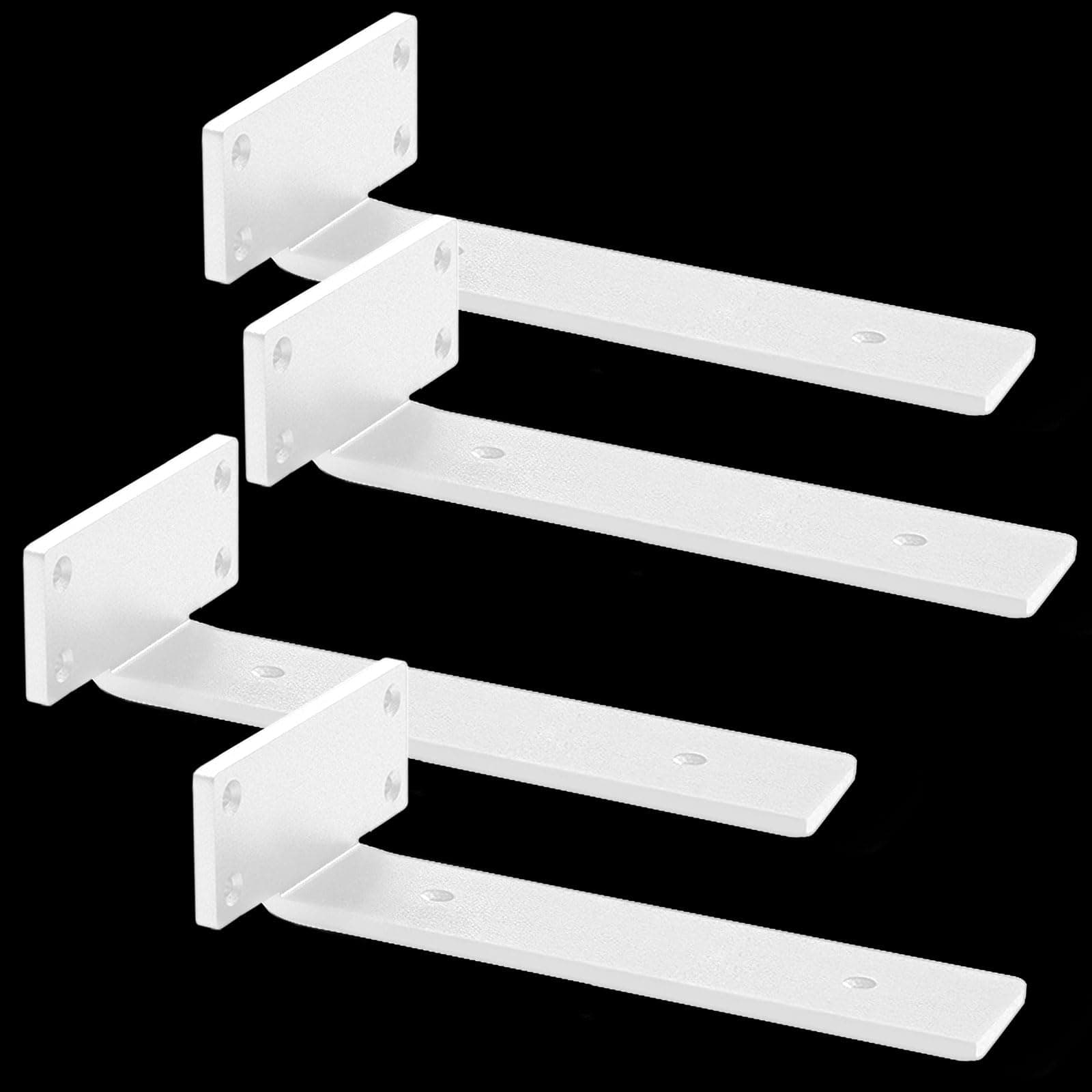 Floating Shelf Brackets Heavy Duty - 1/5 Inch Thick Industrial White Metal L Brackets Premium Solid Steel Shelf Supports for Shelves - 10 Inch Heavy Floating Shelves Hardware (4Pcs)