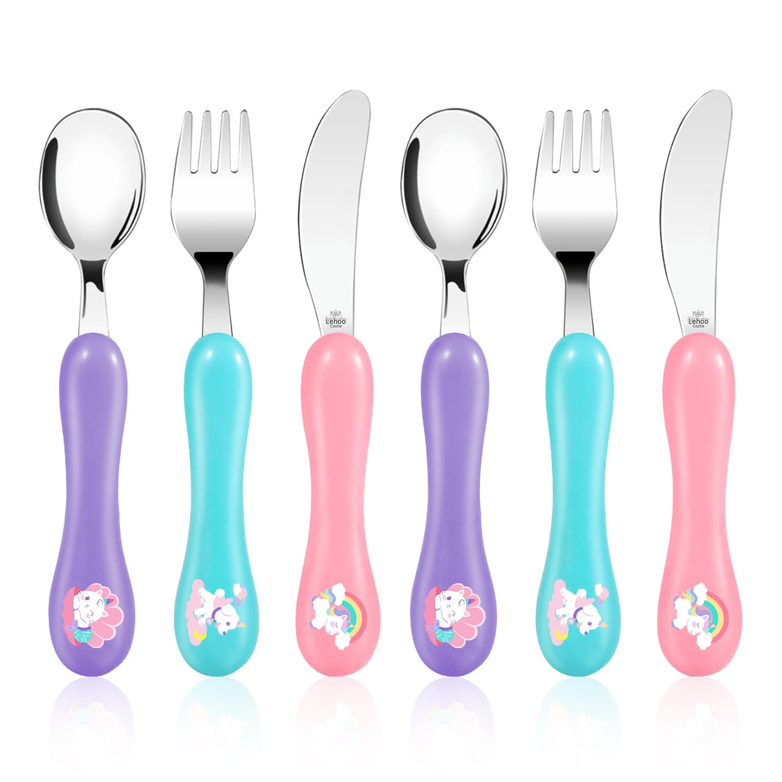 Lehoo Castle Toddler Cutlery, 6pcs Stainless Steel Unicorn Toddler Utensils Set, Toddler Forks Spoons Knives Set Self Feeding