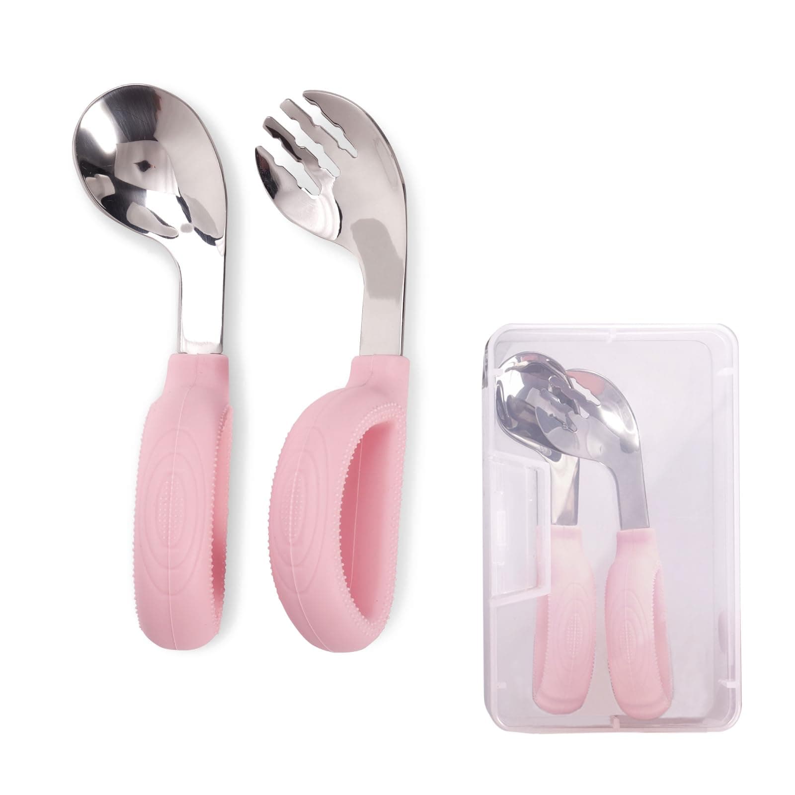 BleshiFashi Toddler Training Utensils -Silicone Easy-Grip Handles Baby Forks and Spoons Pink Set-Kids Stainless Steel Silverware-Self Feeding&Children Safe-Dishwasher Safe