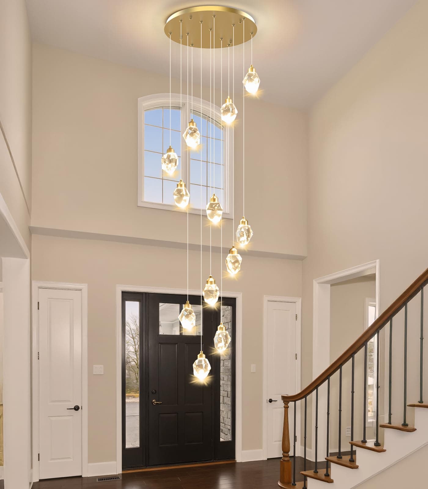 Crystal LED High Ceiling Chandelier: Long Remote Dimmable 12 Gold Pendant Light Fixture - Spiral Drop Flush Mount Sloped Ceilings Modern Chandeliers For Entryway Living Room Foyer Staircase Entrance