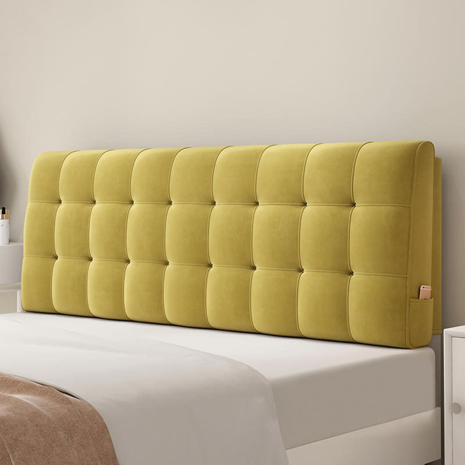 Plush Headboard Cushion Double Single King Size Upholstered Bed Headboards Covers Thicken Anti-collision Backrest Support Reading Pillows Protector Dust Cover Washable(With headboard-160x60x6cm,Yellow