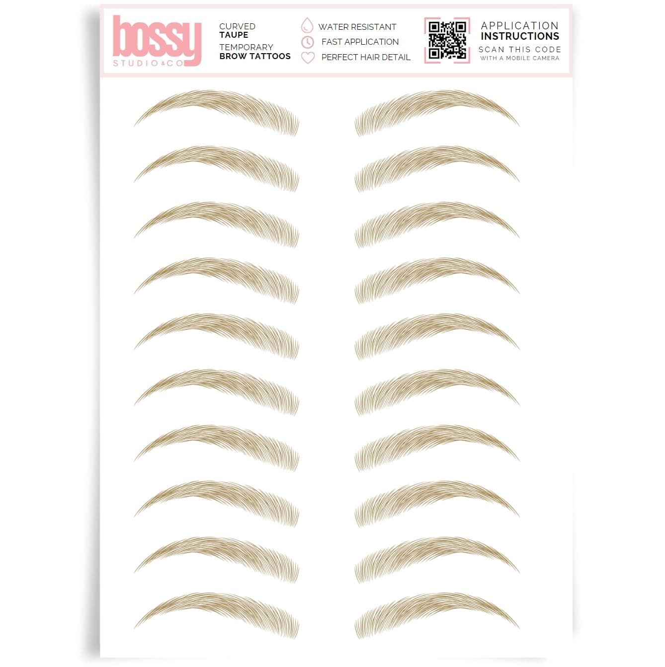 Brows by Bossy Studio & Co Temporary Eyebrow Tattoos Waterproof Eyebrow Stickers, False Tattoos Hair Like Peel Off Instant Transfer Brow curved taupe
