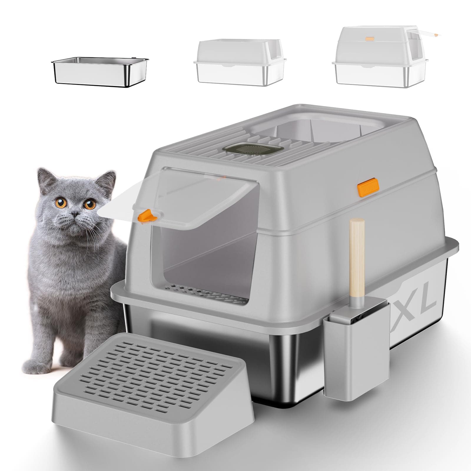 TENTIZON Stainless Steel Cat Litter Box Enclosed with Lid, Extra Large Covered Metal Kitty Litter Tray with Hood, High Sides, Scoop, Footboard, Easy Clean, No Smell, Top Entry, Grey