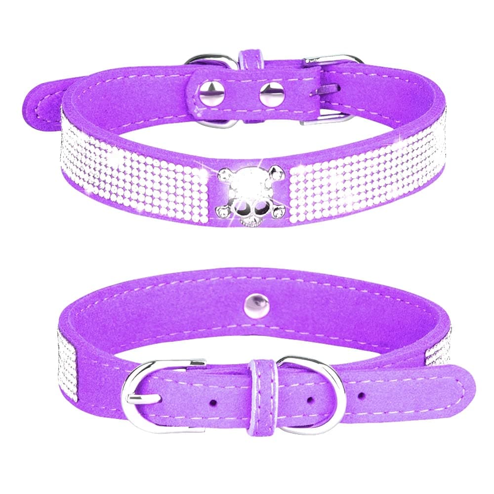 Pimaodog Rhinestone Dog Collar, Cute Dazzling Sparkling Soft Suede Leather Adjustable Pet Dog Cat Collar Crystal Diamond for Puppy Small Medium Large Dogs (XS:21-26cm, Purple-5)