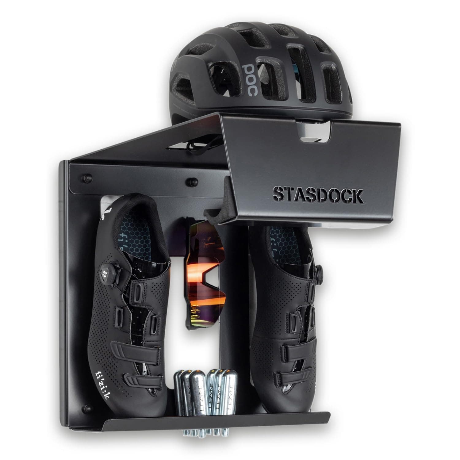 Stasdock Supporto Bici da Muro | Happy Black | Appendi Bici da Corsa | Portabici da Parete con Mensola | Gancio Bici Muro con Accessori | Supporto Bici da Parete per Garage o Interni