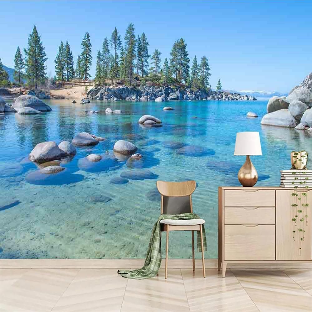 LGLLDF Green Trees And Rocks Peel and Stick Wall Stickers, Ocean View Removable Wall Paper Wallpaper Poster Wall Painting Mural,for Living Room Bedroom Dining Room,PVC-200x140cm
