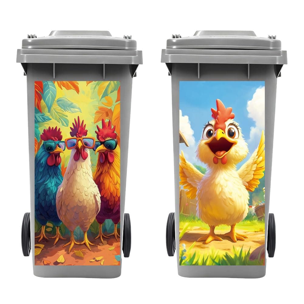 Peacoblue Wheelie Bin Stickers 2 Sheets Cartoon Chicken Rooster Sticky Dustbin Stickers Decals, 15"x 32" Waterproof Large Wraps for Trash Cans Bins Driveway Garden Outdoor Indoor Patio Decor