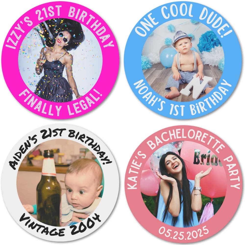 40 Custom Photo Stickers with Text, Personalized Birthday Stickers with Photo, Customized Bachelorette Party Stickers, Birthday Decorations, Party Favor Labels, Treat Bag Labels, Gift Bag Tags
