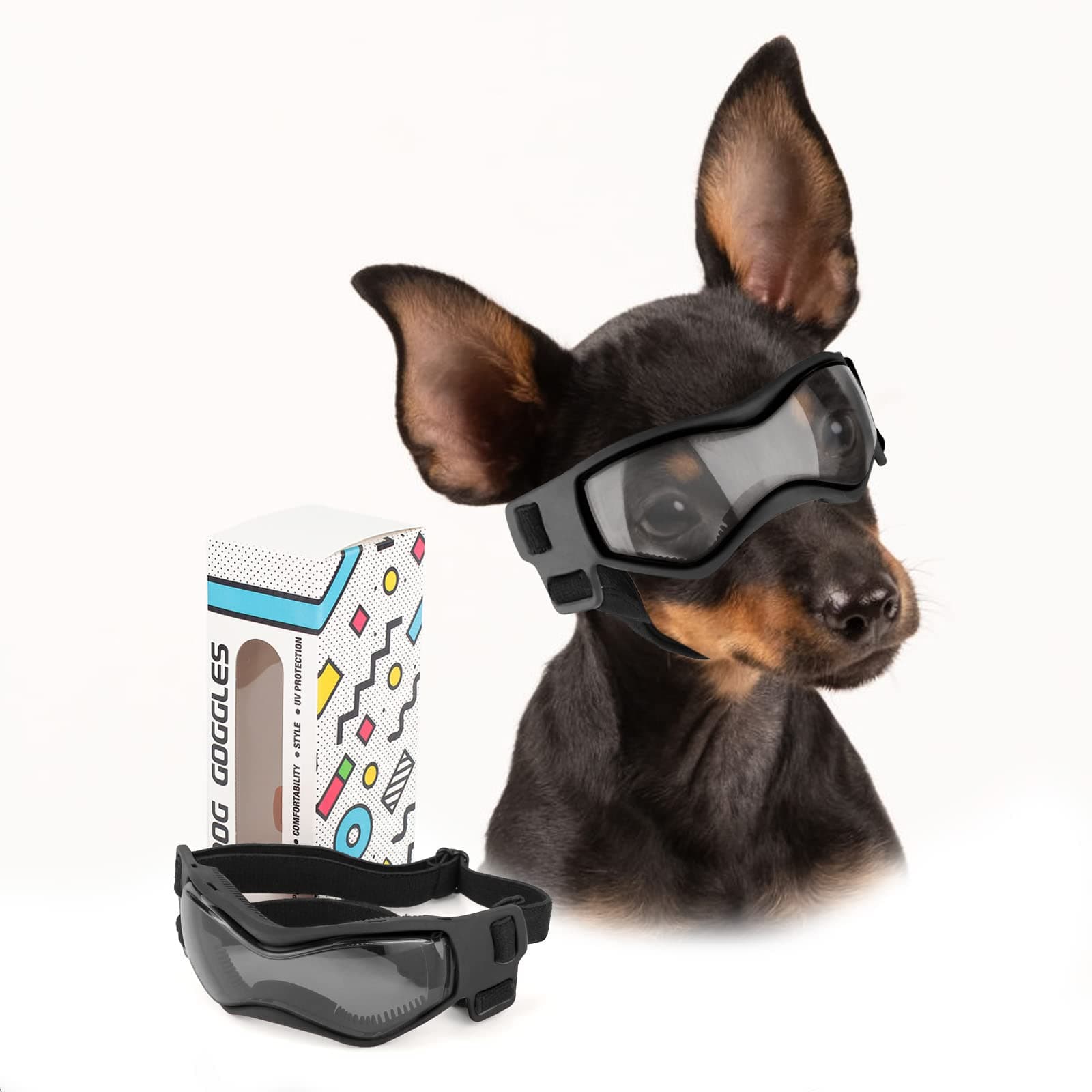 PETLESO Dog Goggles Small Breed, Dog Sunglasses UV Protection Puppy Eyewear for Small Pet Outdoor Riding Driving, Black S