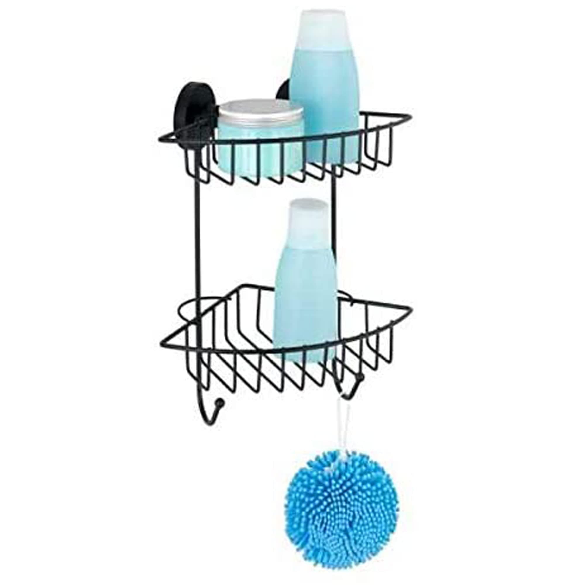 WENKO Vacuum-Loc Bari Corner 2 Tier Black Wall Shelf Fixing No Drilling Required, 22,5 x 29,5 x 16 cm