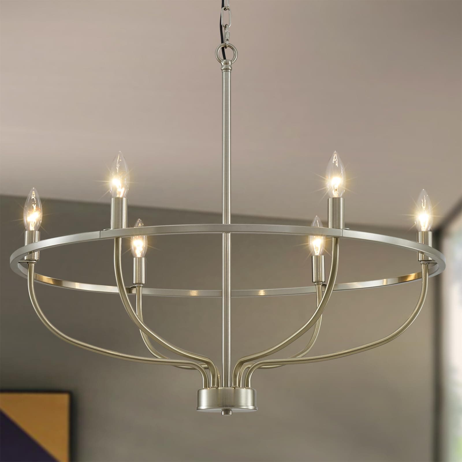 Avzkcy 28.5" Modern Chandelier 6-Light Nickel Finish Pendant Light Fixture