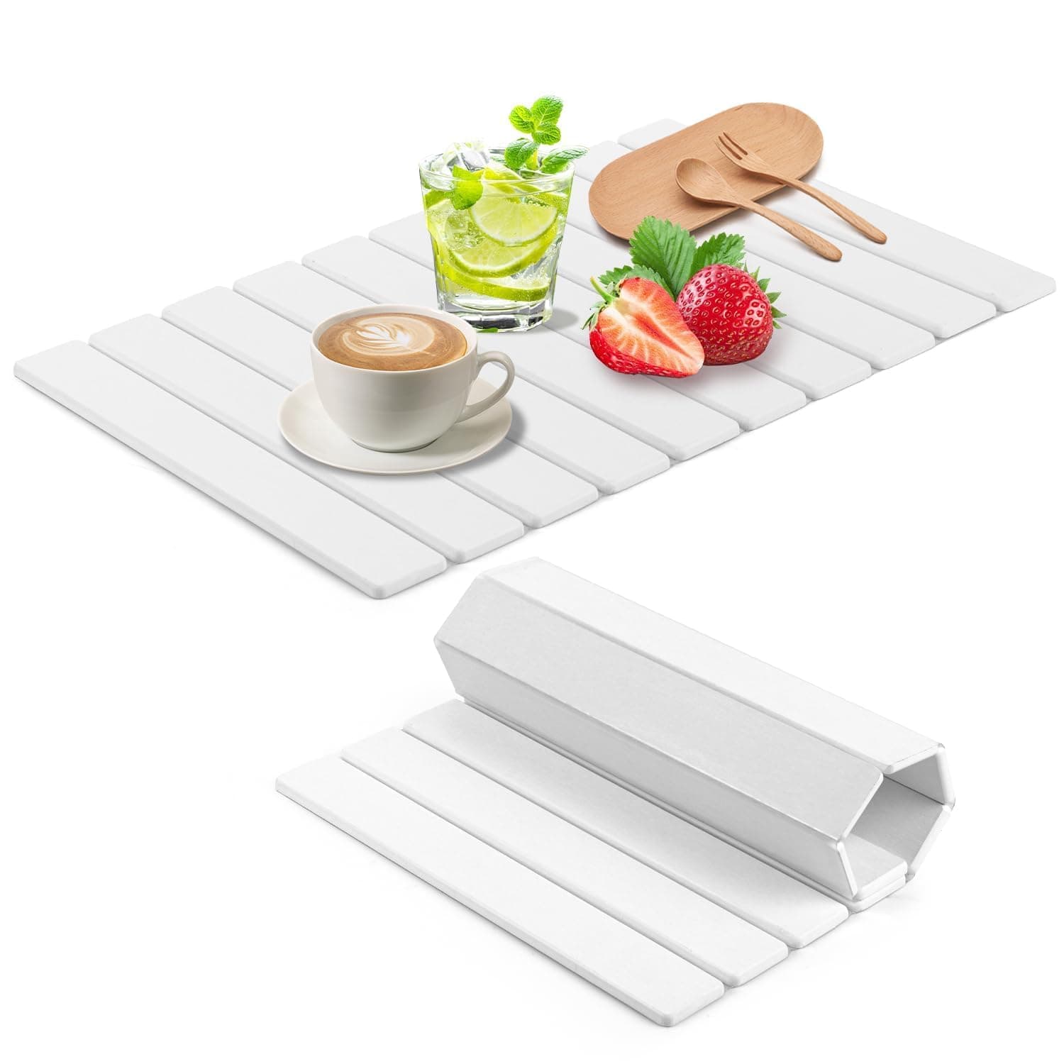 Large Stone Dish Drying Mats for Kitchen Counter, 24"(L)×16"(W) Fast Drying Collapsible Dish Drying Mat, Eco-Friendly Absorbent Diatomaceous Earth Mats for Dishes Bottles Cups(White)