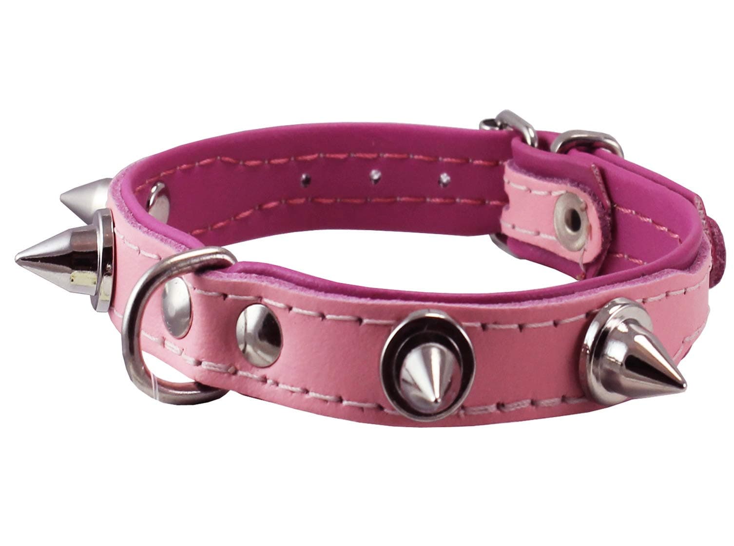 Dogs My Love Spiked Genuine Leather Dog Collar Padded (8.75"-10.5" Neck; 1/2" Wide, Baby Pink/Pink)