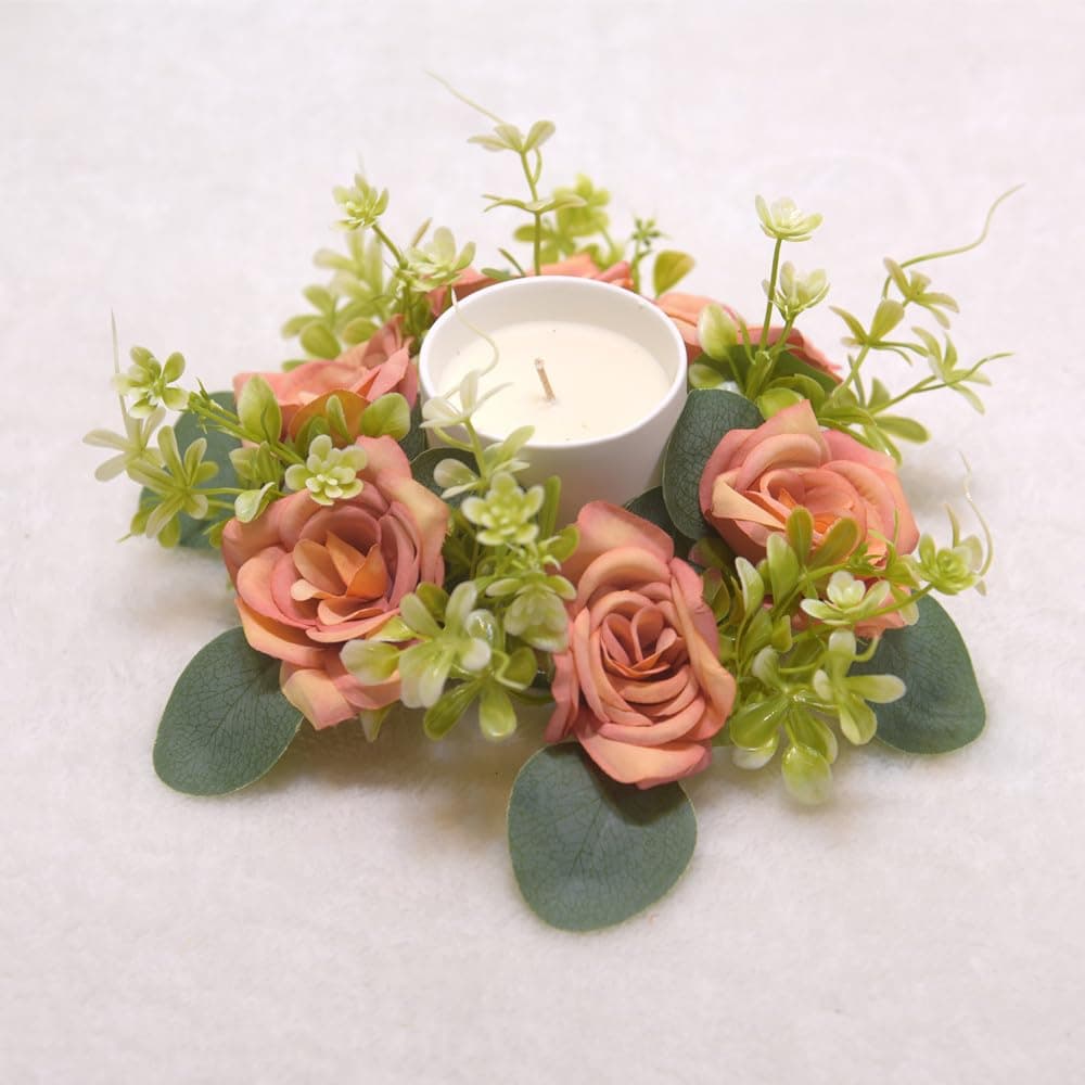 Artificial Rose Floral Candle Rings Small Wreaths for 3 Inch Wide Pillar Taper Tea Light Candles, Simulation Bionic Silk Flowers for Home Wedding Party Table Decoration (Orange)