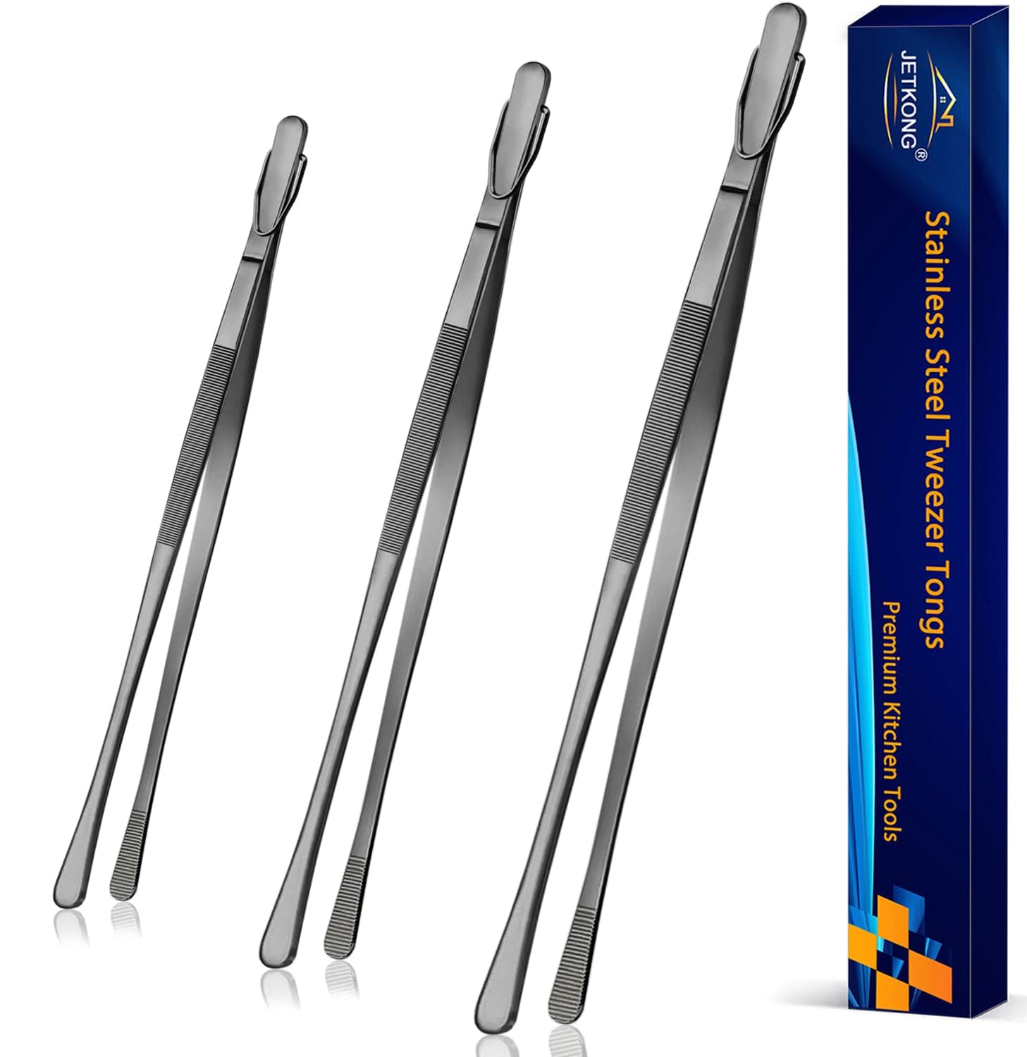 JETKONG 3Pcs Extra Long Kitchen Tweezers Heavy Duty Stainless Steel Cooking Tweezers (9 12 14 Inch, Black)