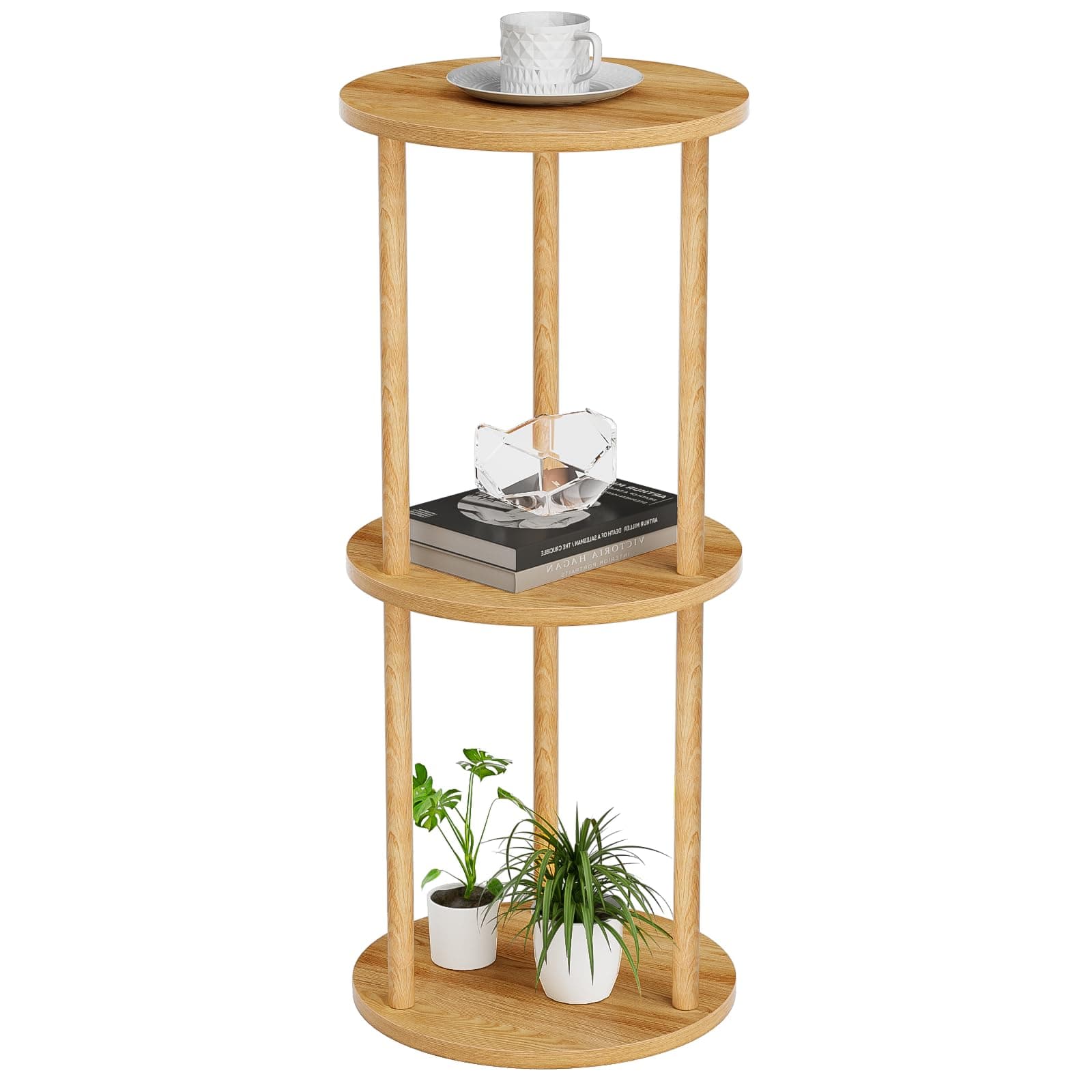 GHIMIGN 11.8'D Round Drink Table - 3-Tier Small Side Table with Wood Legs, End Table for Small Space, Balcony & Office | Space-Saving, Multi-Functional (Plants, Books, Drinks), Natural Wood