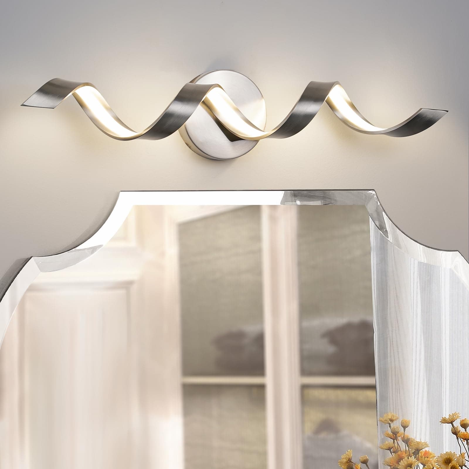 PHIXART LED Modern Bathroom Vanity Light Fixtures, 24 inch Brushed Nickel Wall Lamp Bedroom 4000K, Spiral Design Wall Sconce for Mirror, Living Room, Bedroom, Hallway 15W