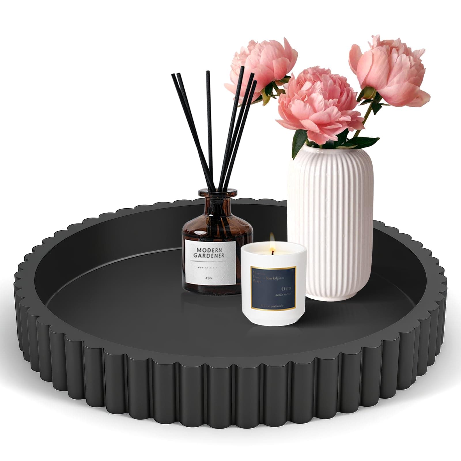 KOLUOTIYO Decorative Tray for Coffee Table Decor, 11" Round Wooden Coffee Table Tray, Modern Decorative Trays for Home Decor, Living Room, Entry, Dining Room (Black)