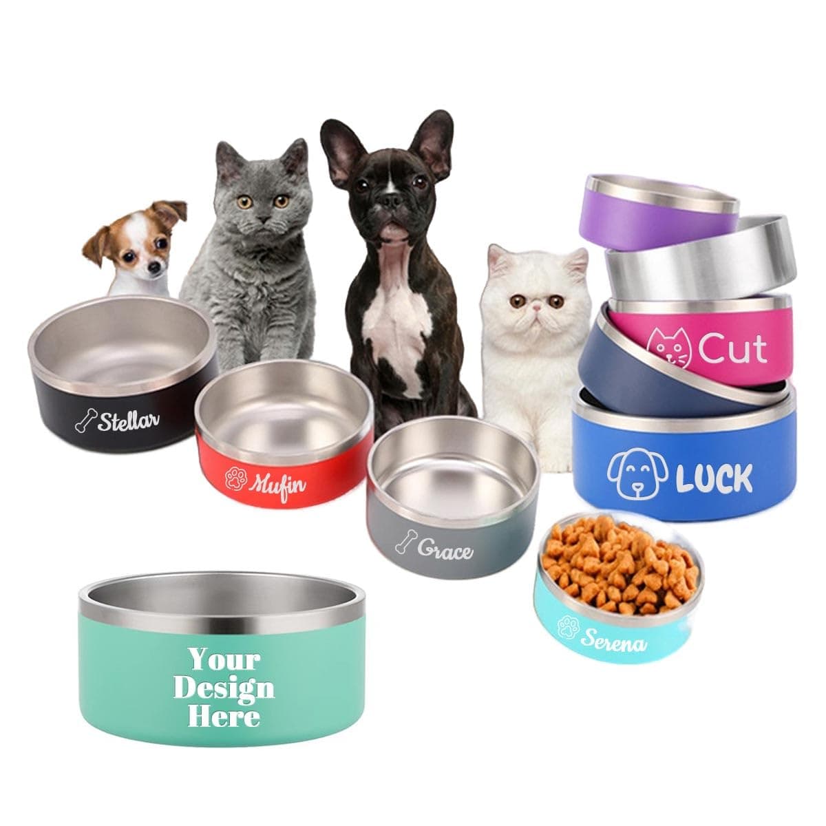 Personalized Cat Dog Bowl with Name Custom Stainless Steel Pet Bowls for Both Cat/Dog Customized Non Slip Dog Water Bowl Durable Cute Double Layer Reinforcement Cat Food Bowl for Pet's Present 16 oz.