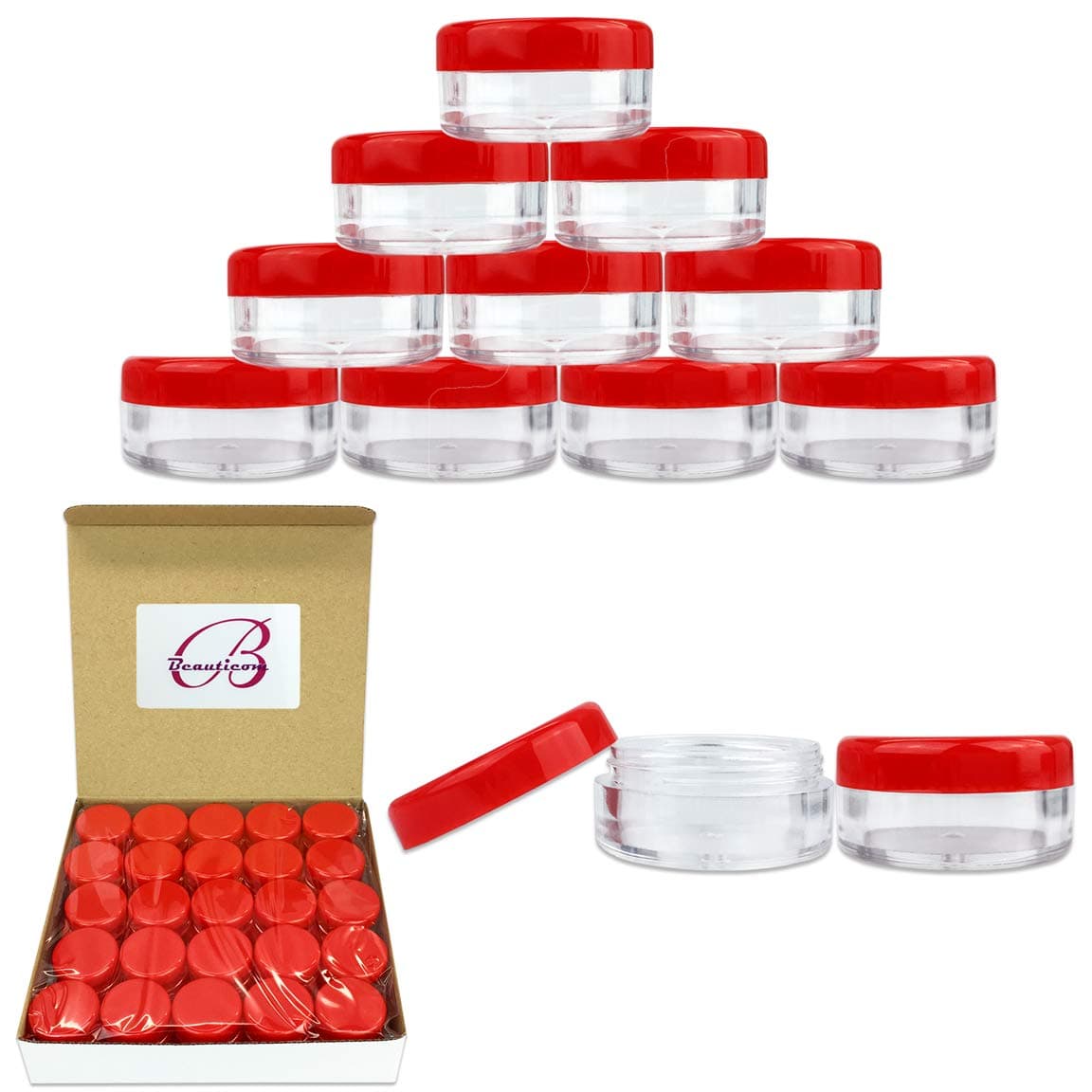 Beauticom 5G/5ML Round Clear Jars for Lotion, Creams, Toners, Lip Balms, Makeup Samples - BPA Free, Red, 50 Jars
